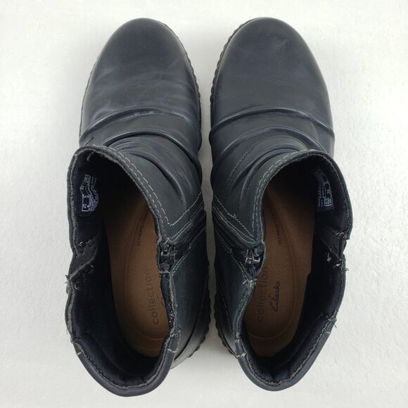 Clarks Caroline Orchid Ruched Ankle Boot Womens 9 Wide Black Leather Side Zip - Picture 10 of 12